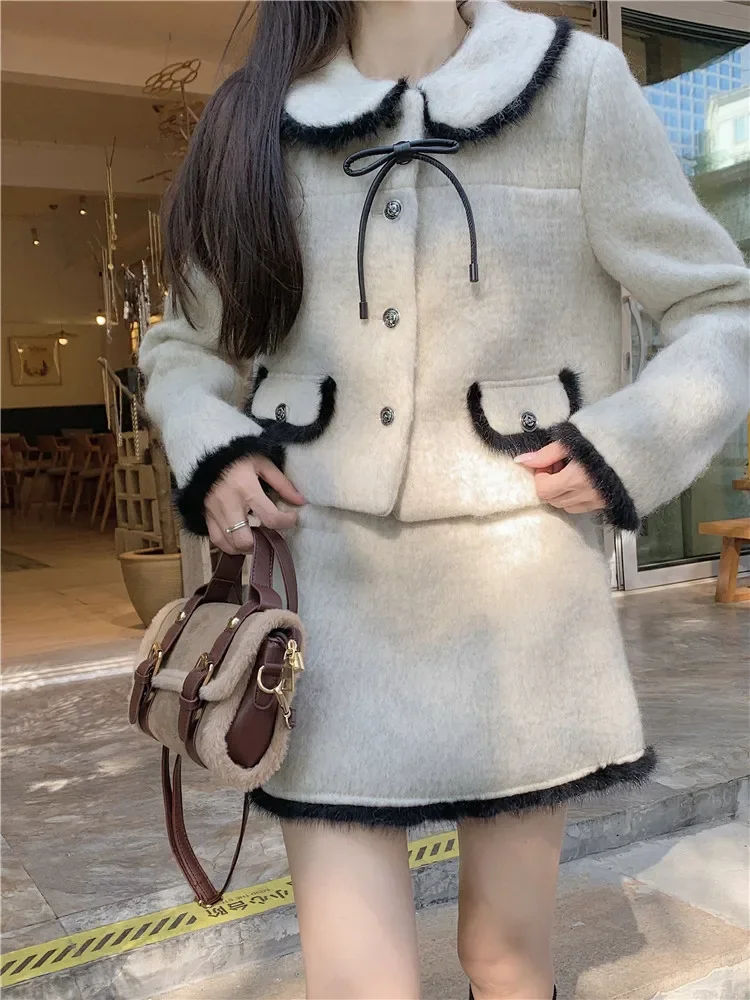 

New Fall Winter Celebrity 2pc Cute Bow Short Woolen Jacket Coat&A Line Mini Skirt Sets Women Fashion Elegant 2 Piece Dress Suits