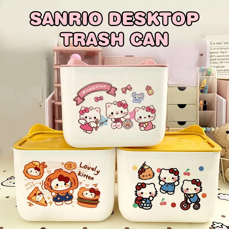 Sanrio Hello Kitty Desktop Trash Can Kuromi Cinnamoroll Flip-open Cover Office Dormitory Sundries Storage Bucket Storage Box