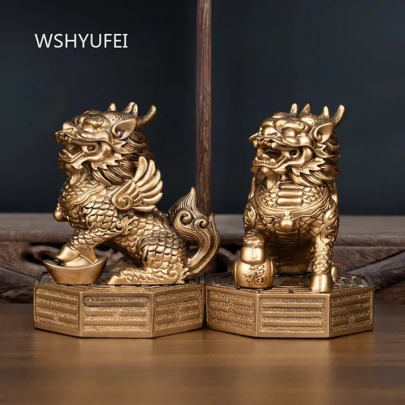 2Pcs Flying Winged Kirin Statues Golden Resin Qilin with Ingot Ball Bagua Pedestal Chinese Style Feng Shui Fortune Decor