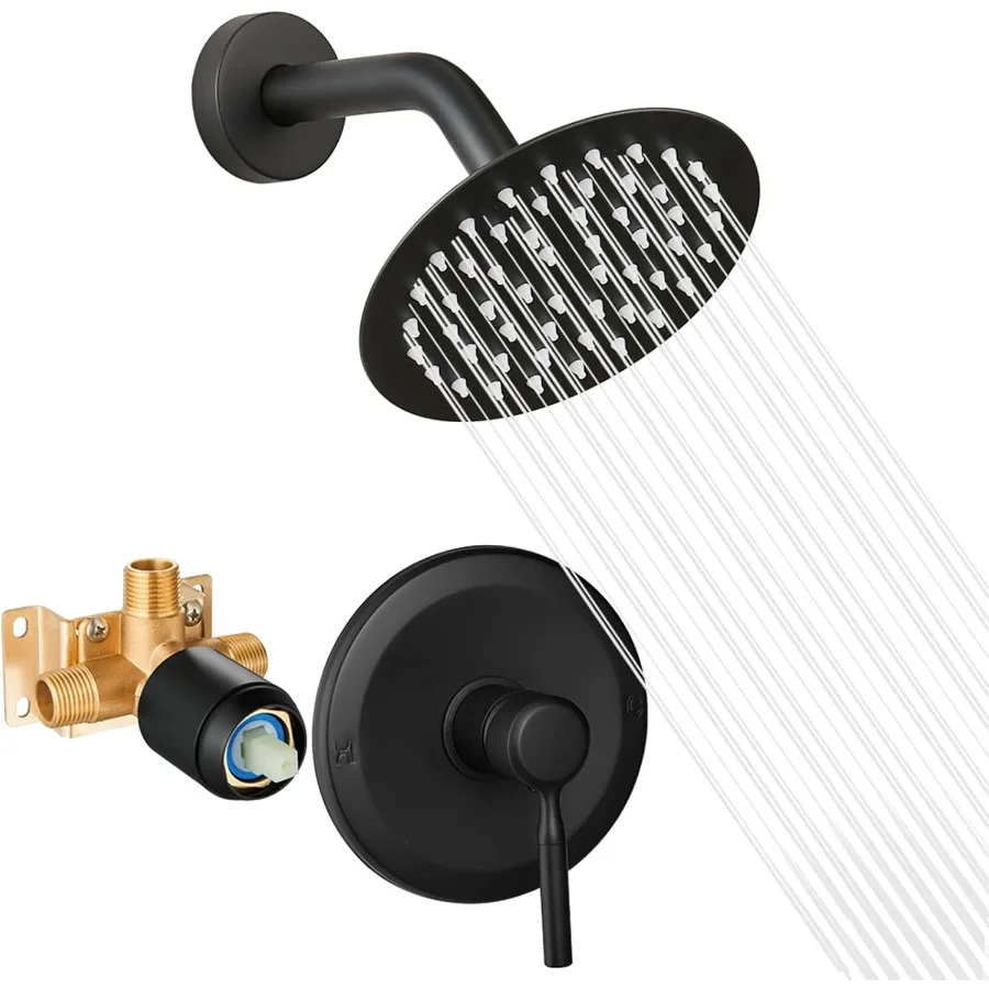 Black Shower Head And Faucet Set Complete With Valve Shower Fixtures With 6 Inch High Pressure Rain Shower Head Trim kit Regade