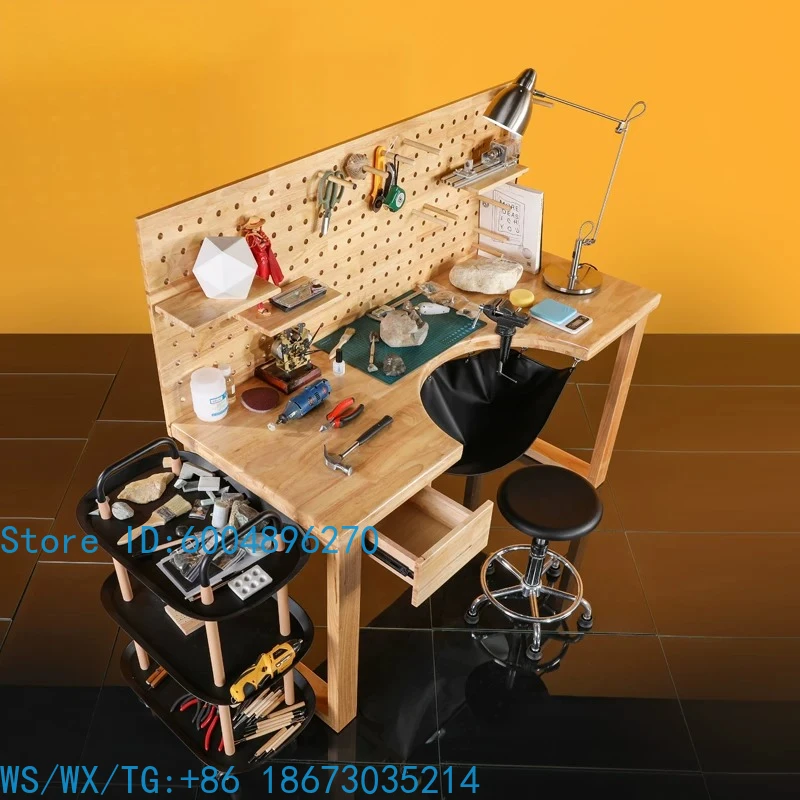 All solid wood jewelry processing gold table, metal table with leather pocket hole plate, model painting workbench