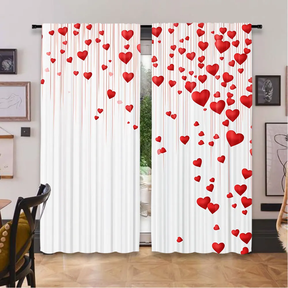2Pcs Cute Valentines Day Curtain Valentine\'S Red Pink Heart Love Decor Curtains For Decoration Suitable For Living Room Bedroom