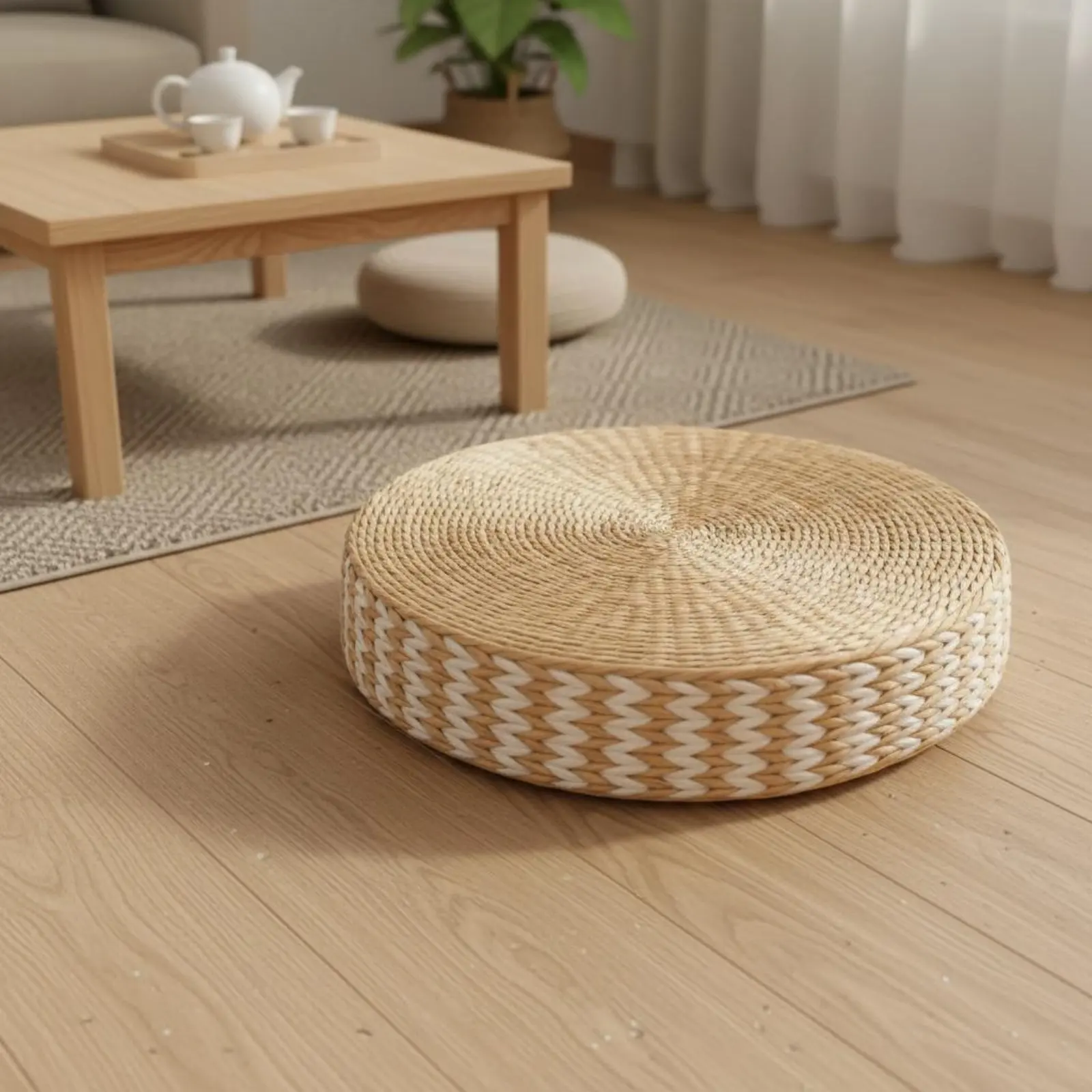 Woven Woven Mat Meditation Pillow Multi-Function Straw Woven Mat Pillow Round Straw Floor Pillow Breathable Round Woven Pouf view 2