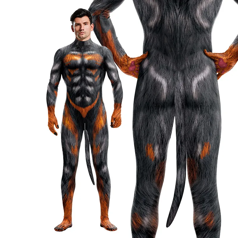 

Cosplay Men's Black Wolf Sexy Bodysuits with Tail Slim Petsuit Cos Animals Open Crotch Zipper Clothing Halloween Clothes