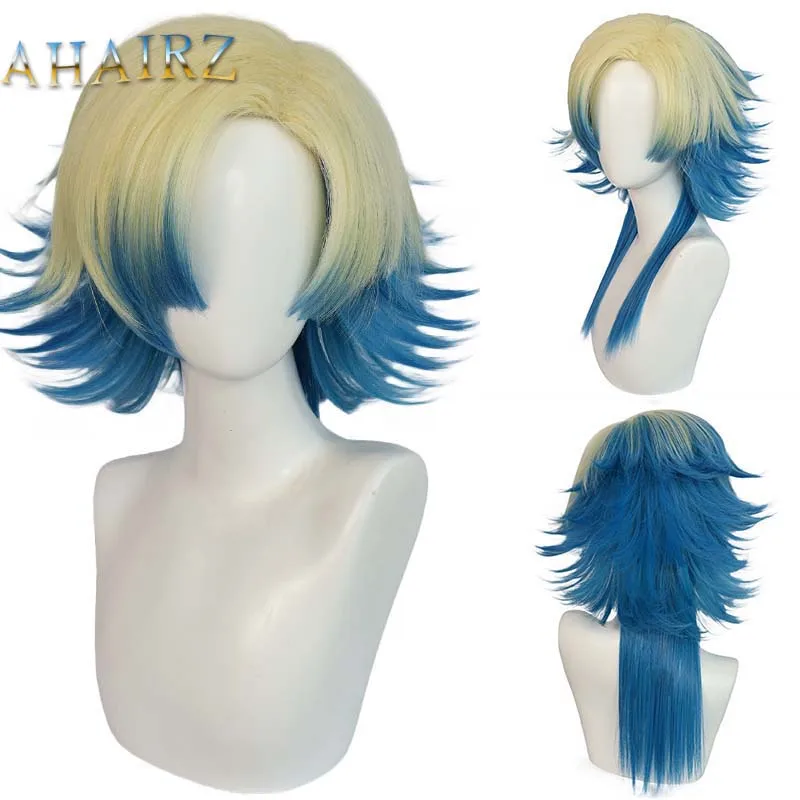 Fashion Men's Short Wig Gradient Blue Hair Synthetic Wig With Bangs Men Ladies Boys Cosplay Costume Anime Halloween