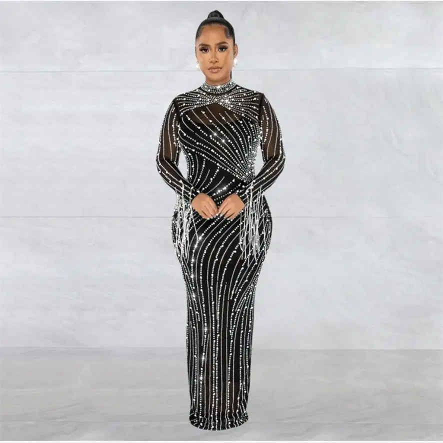 

Sexy Me Long Sve Par Dr See tough Glitter Drill Lace Evening Gown High Waist Spring Autumn Polyester Fiber Zipper