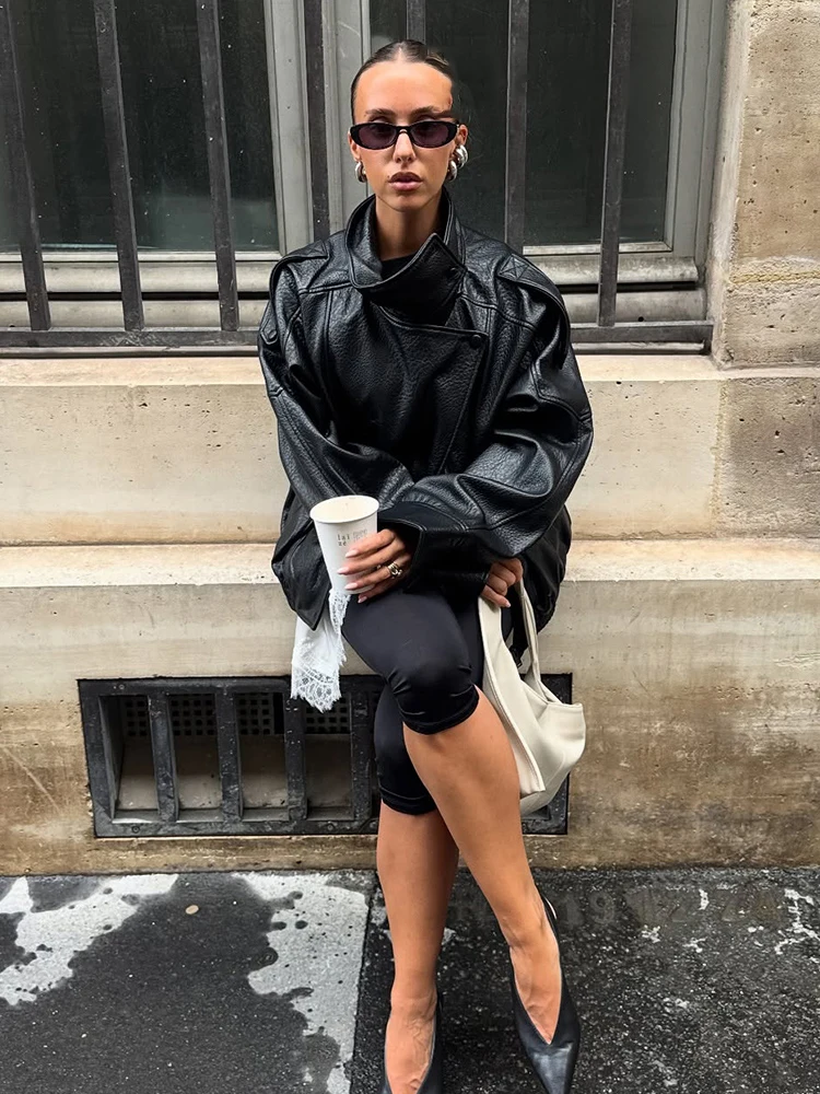 HH Autumn Women Street Style Loose Coats Woman Elegant Asymmetric Button Pocket Long Sleeves Black Zipper Slim Jackets