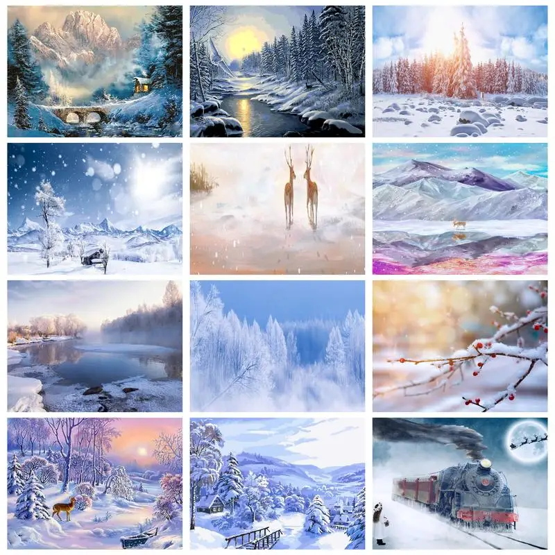 

PhotoCustom Acrylic Diy Painting By Numbers Snowscape With Frame On Canvas Draw Coloring By Numbers For Diy Gift