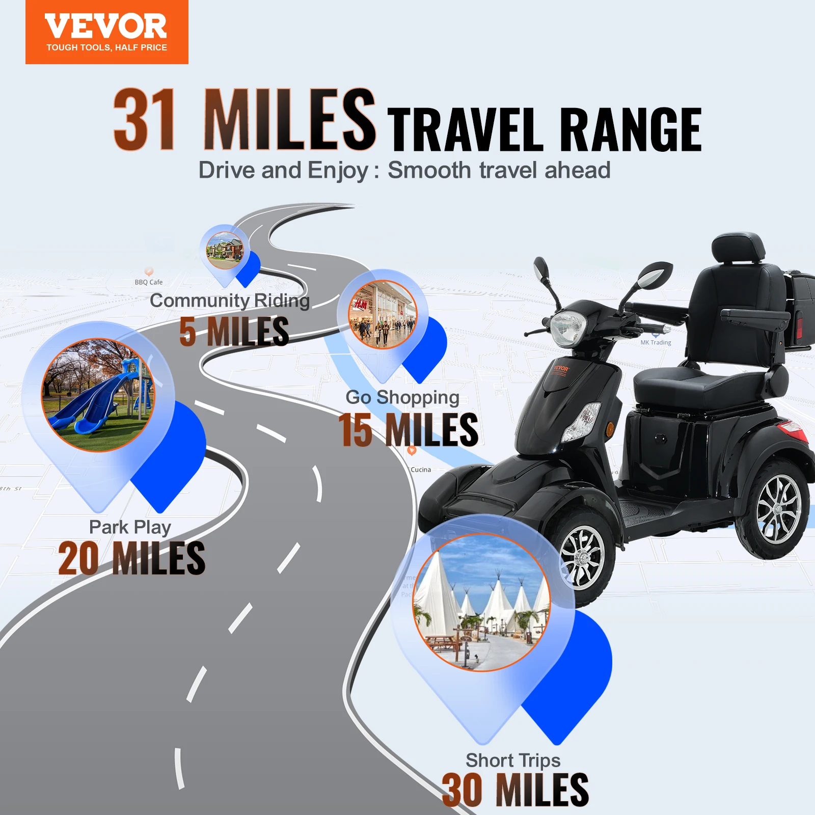 VEVOR Heavy Duty 4 ล้อ Mobility สกู๊ตเตอร์ 450lbs 500lbs ความจุ 800W All Terrain ไฟฟ้าสกู๊ตเตอร์สันทนาการสําหรับผู้สูงอายุ