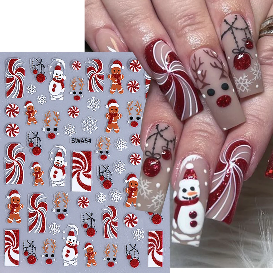 3d Kerst Nail Art Sticker Glitter Eland Sneeuwpop Peperkoek Man Emblemen Zelfklevende Sneeuwvlok Schuifregelaars Diy Manicure Decoratie