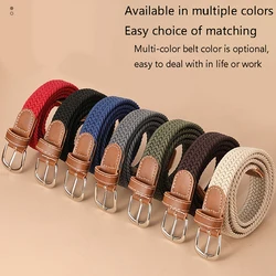 1Pc Fashion Belt Woven Canvas Belt Metal Buckle Men Women Elastic Braided Belt Punch Free