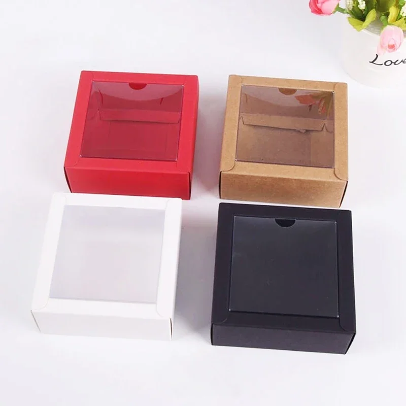 10 Pieces Matte Window Cowhide Cardboard Box Red Square PVC Clear Lid Gift Box Aromatherapy Handmade Soap Packaging Paper Boxes