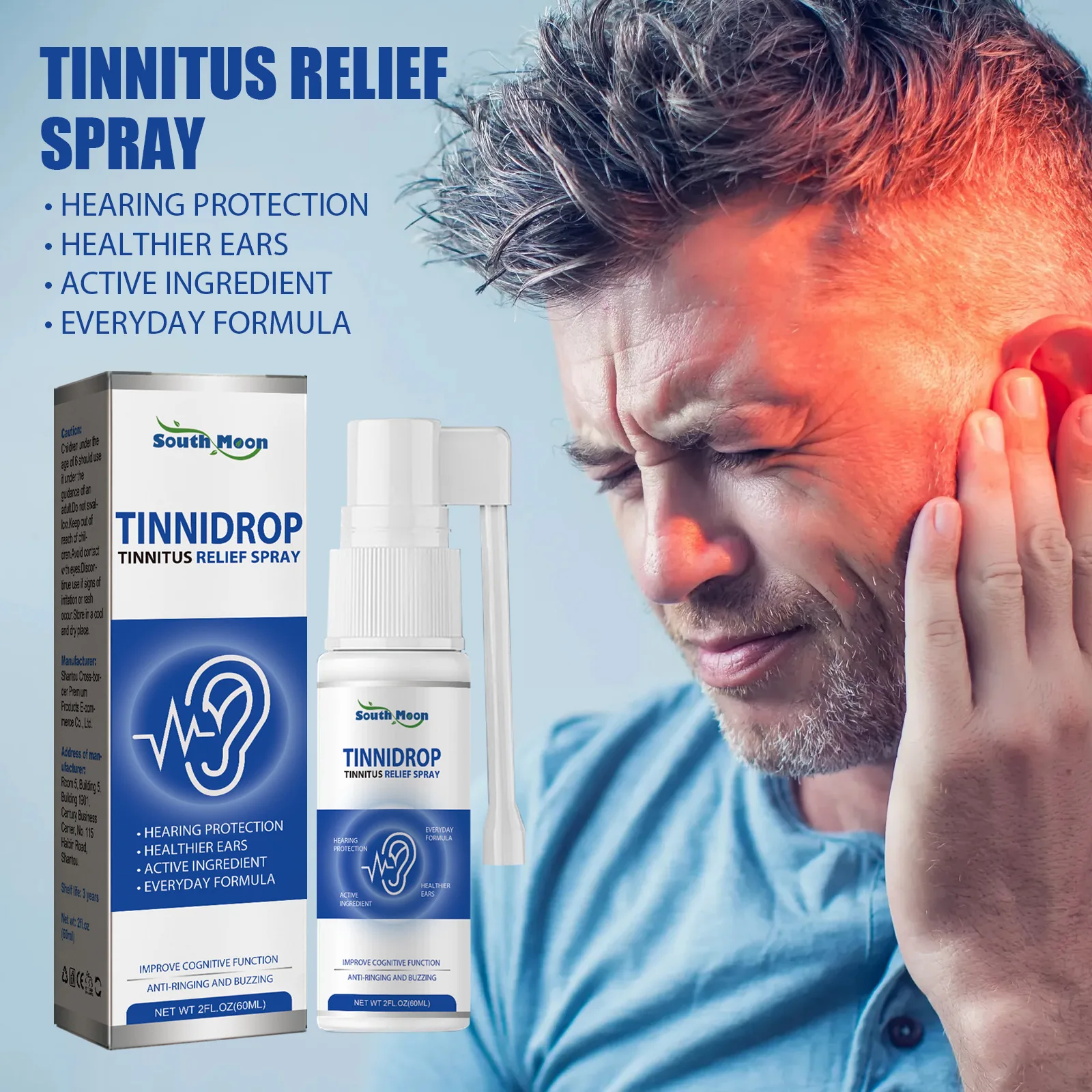 60ml Tinnitus Relief Spray Clean Ear Canal Blockage Improve Listening Tinnitus Deafness Sore Relief Ear Cleaning Liquid