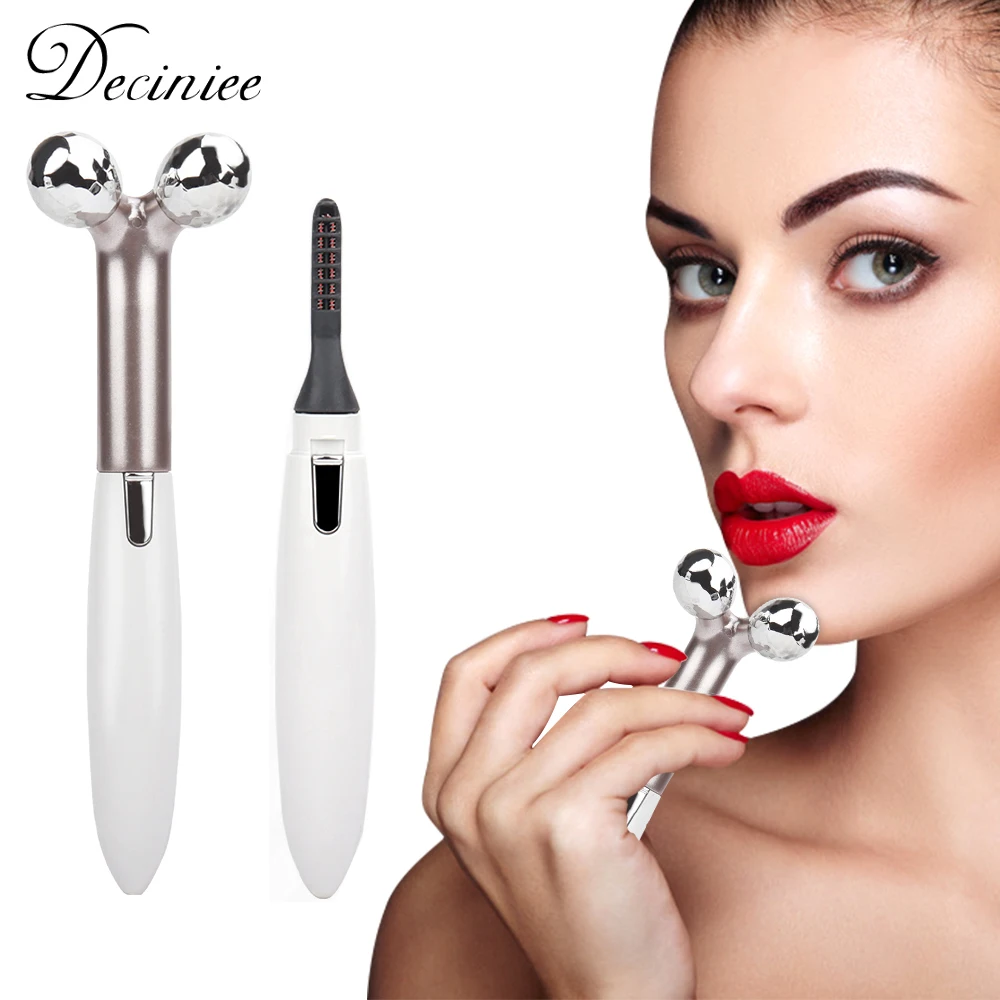 

2 In 1 Electric Face Massager 3D V-type Scrollable Roller Massage Bar Wrinkle Remover Heated Eyelash Curler Beauty Makeup Tools