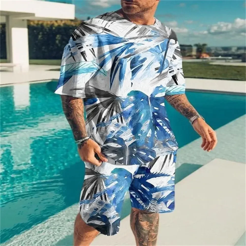 Men's Harajuku oil painting coconut tree holiday style T-shirt shorts suit sportswear oversized street suit men home comfortable