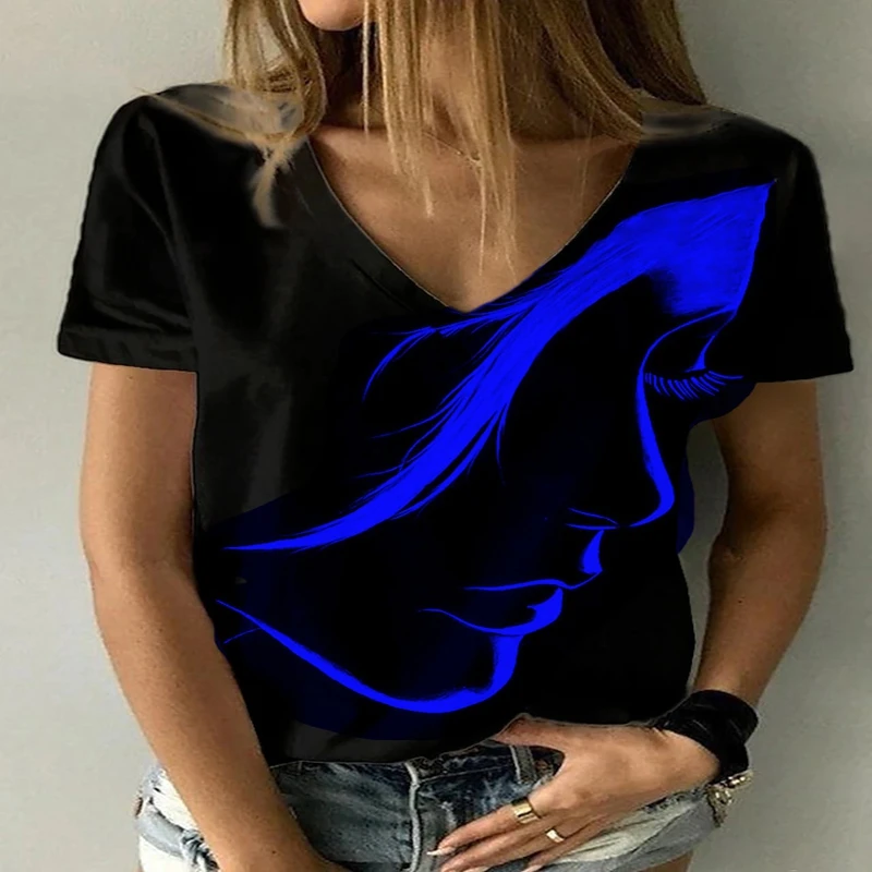 Fashion Abstract Portrait 3D Print T-Shirts Women V-Neck Short Sleeve Tees Y2k Tops Harajuku Oversized T Shirts Woman Clothing