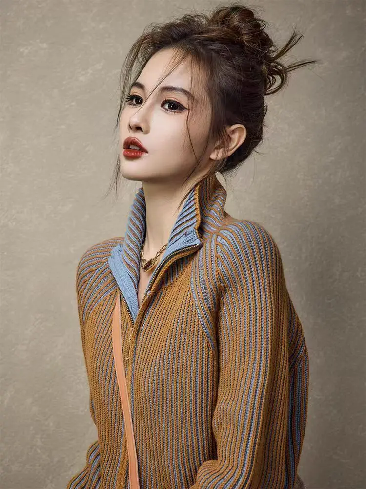 

Double Zipper Lapel Cardigan Chestnut Sweater Spring Autumn Thin Coat Loose and Versatile Slimming New Women's Knitted Sweater