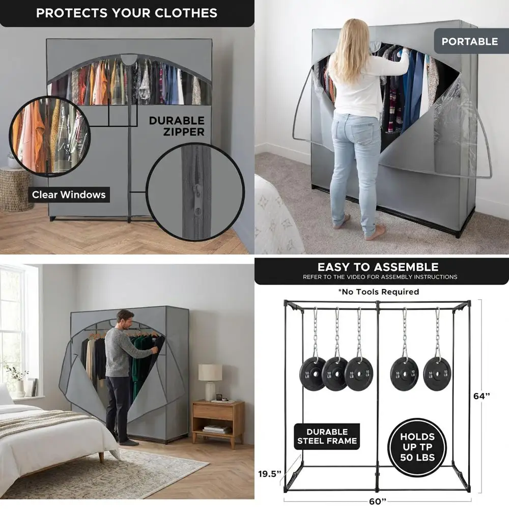 

Портативный шкаф большой вместимости с металлическим каркасом, прозрачным окном и простой сборкой - темно-серый холст