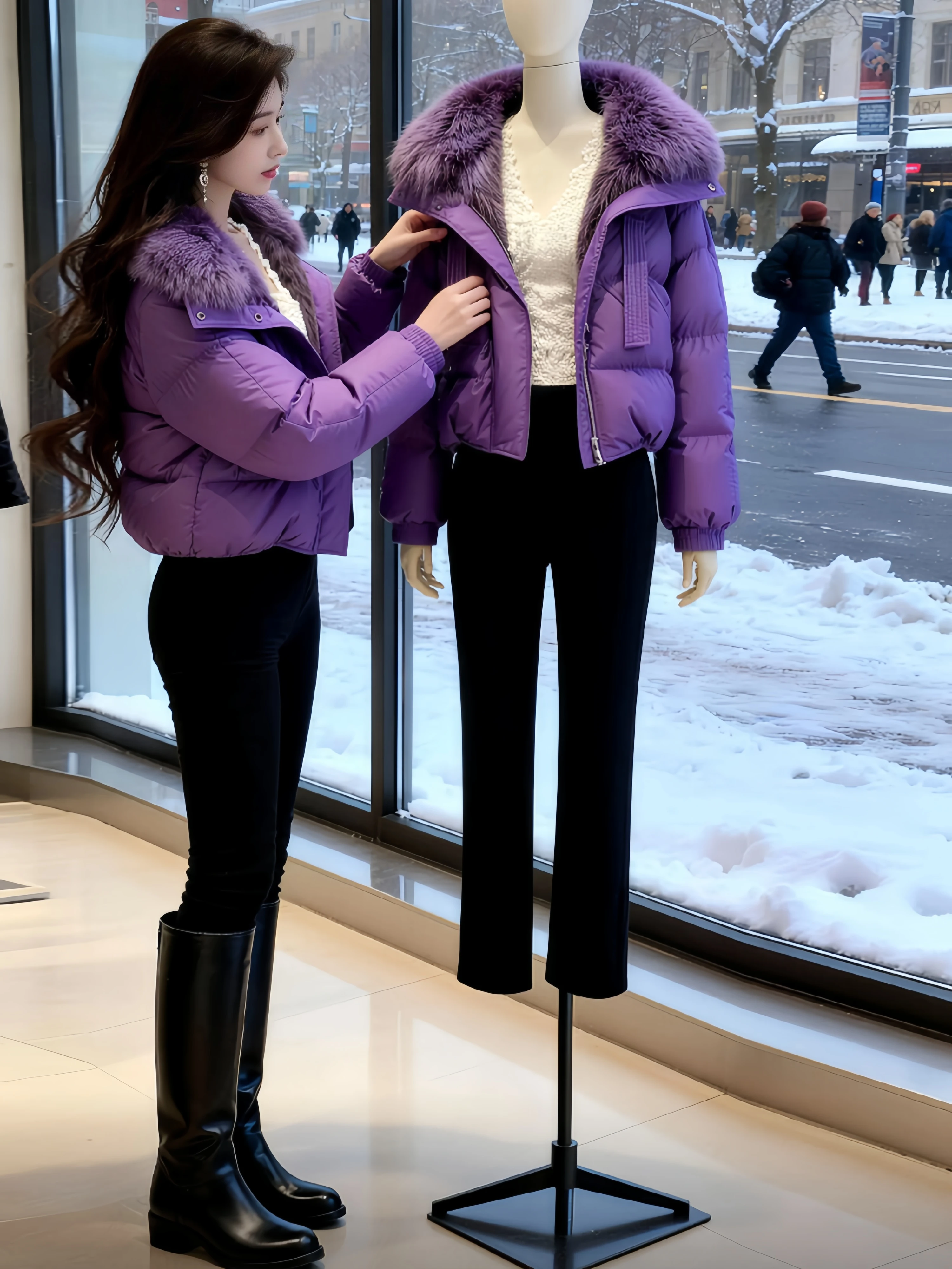 

Purple Hooded Zipper Cotton Jacket Women's Short Thick Warm Bread Style Coat Large Fur Collar Winter High End Feeling Top