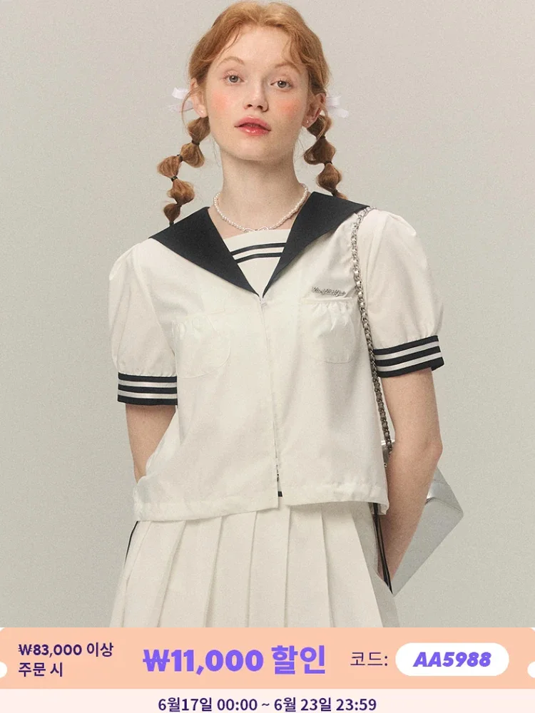 

ADAgirl Kawaii Sailor Collar Blouse Women Summer Fashion Short Sleeve White Shirt Zipper Preppy Style Aesthetics Uniform Clothes