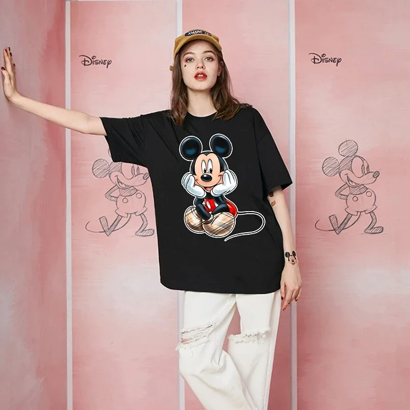 Kaus wanita ukuran besar, kaus Fashion Ulzzang Wanita Atasan kartun Mickey Minnie dengan lengan pendek atasan 90s Y2k