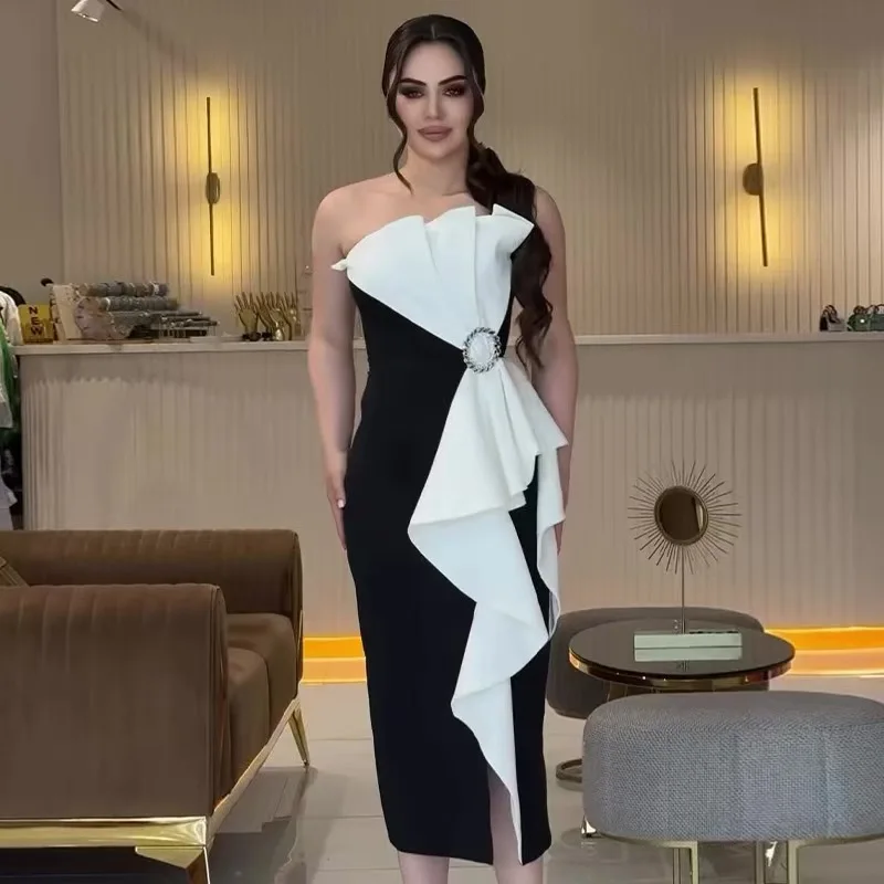 

Sexy Strapless Backless Black and White Patwork Maxi Dress 2025 Summer New Bodycon Party Dresses Fashion Celebrity Prom Gowns