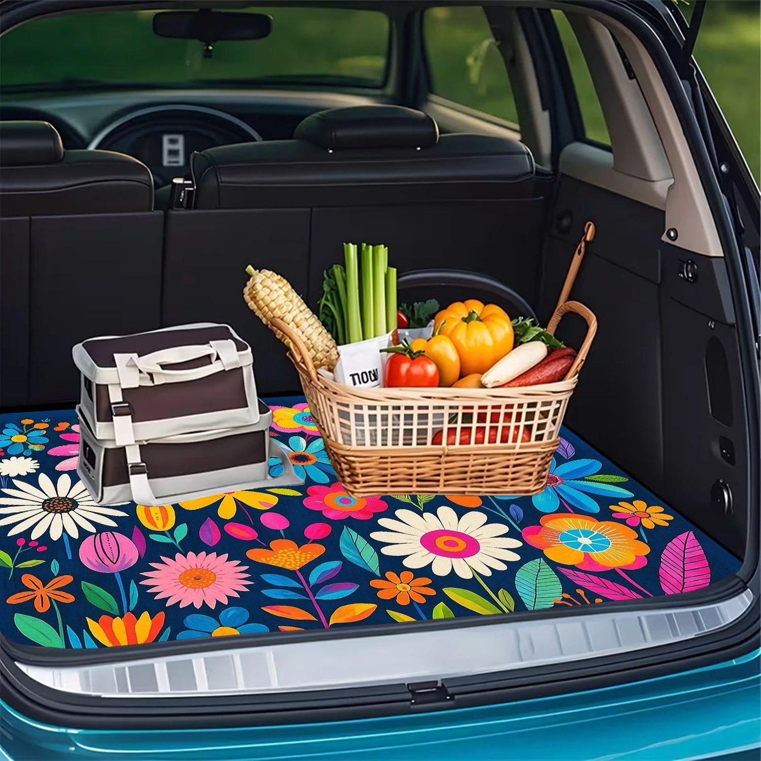 VIKAMA Colorful Floral Trunk Mats, Boho Cargo Liner, Non-Slip Boot Protector, Universal SUV Accessories, Durable & Stylish