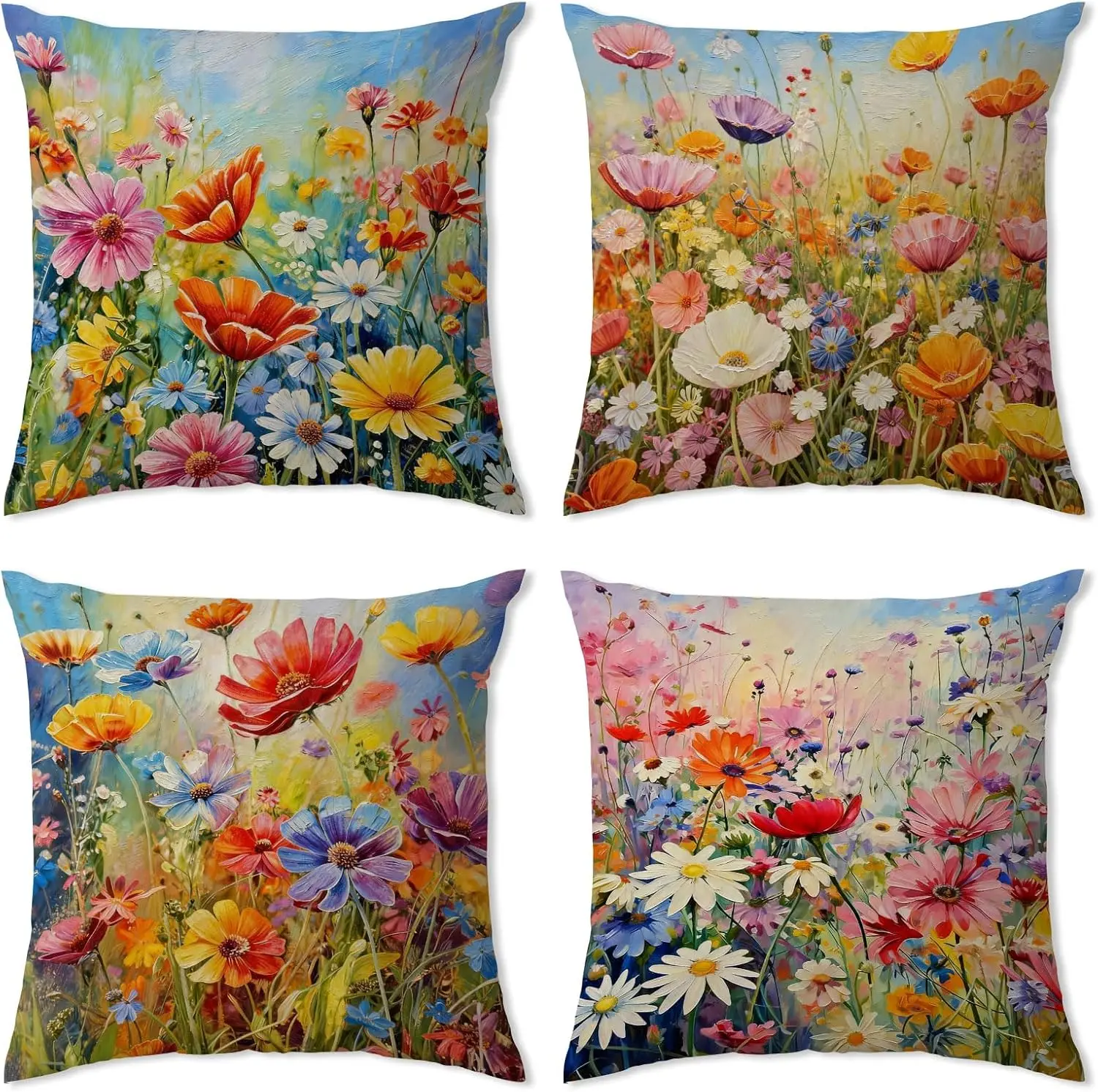 4PCS Meadow Floral Cushion Covers Vibrant Wildflower Oil Painting Pattern Throw Pillow Cases for Cottage Bedroom Couch Decor