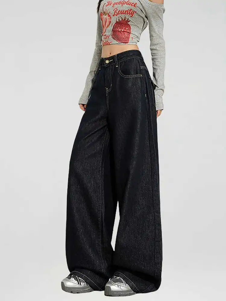 Celana Jeans Wanita Biru Gothic Baggy Y2k Emo Gaya Jepang 2000-an Vintage Harajuku Oversize Boyfriend Denim Musim Gugur