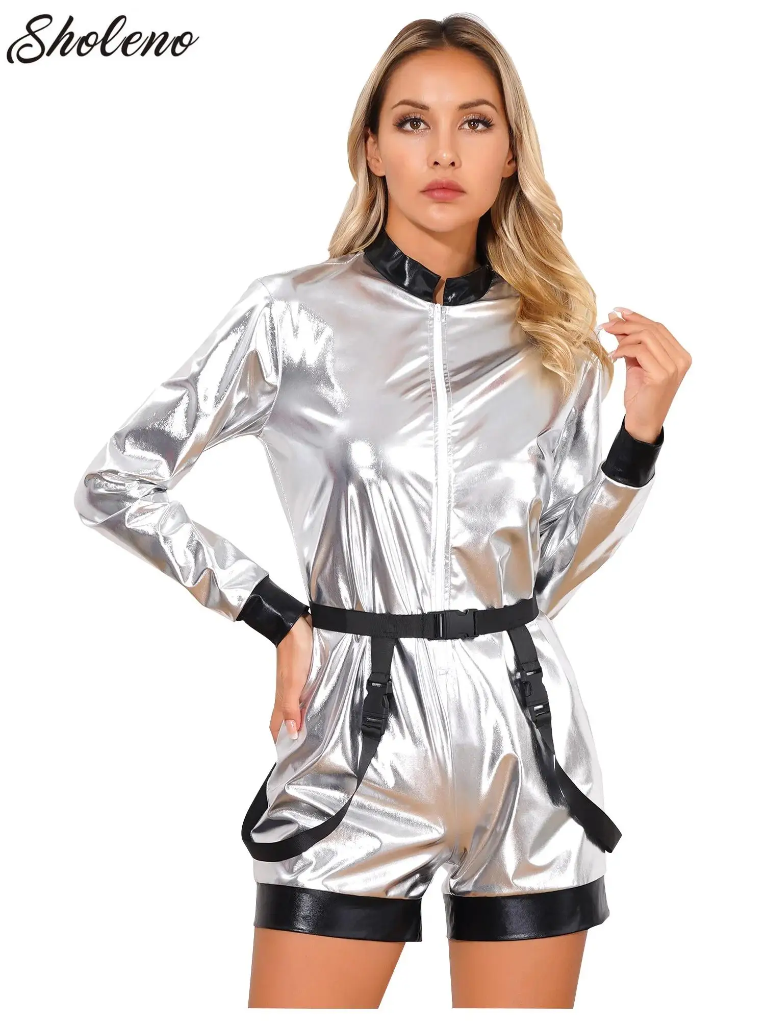 Metallic-Astronauten overall für Damen mit Gürtel-Boy shorts Bodysuit-Anzieh kostümen für Halloween-Weihnachts-Rave-Party-Clubwear