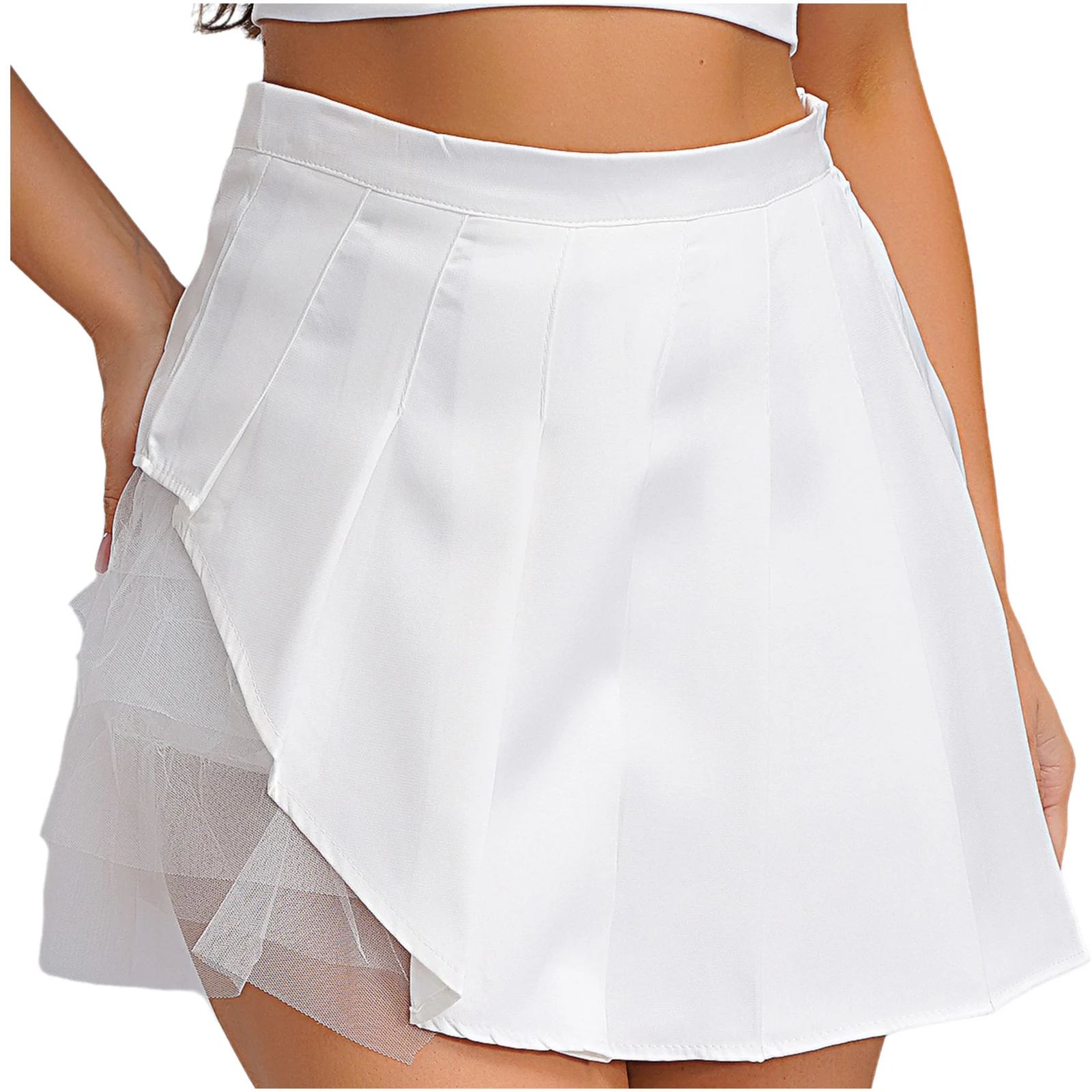 

Women Fashion High Waist Pleated Skirt Tulle Spliced Built-in Safety Shorts JK Skirt College Schoolgirl A-line Lace Mini Skirt