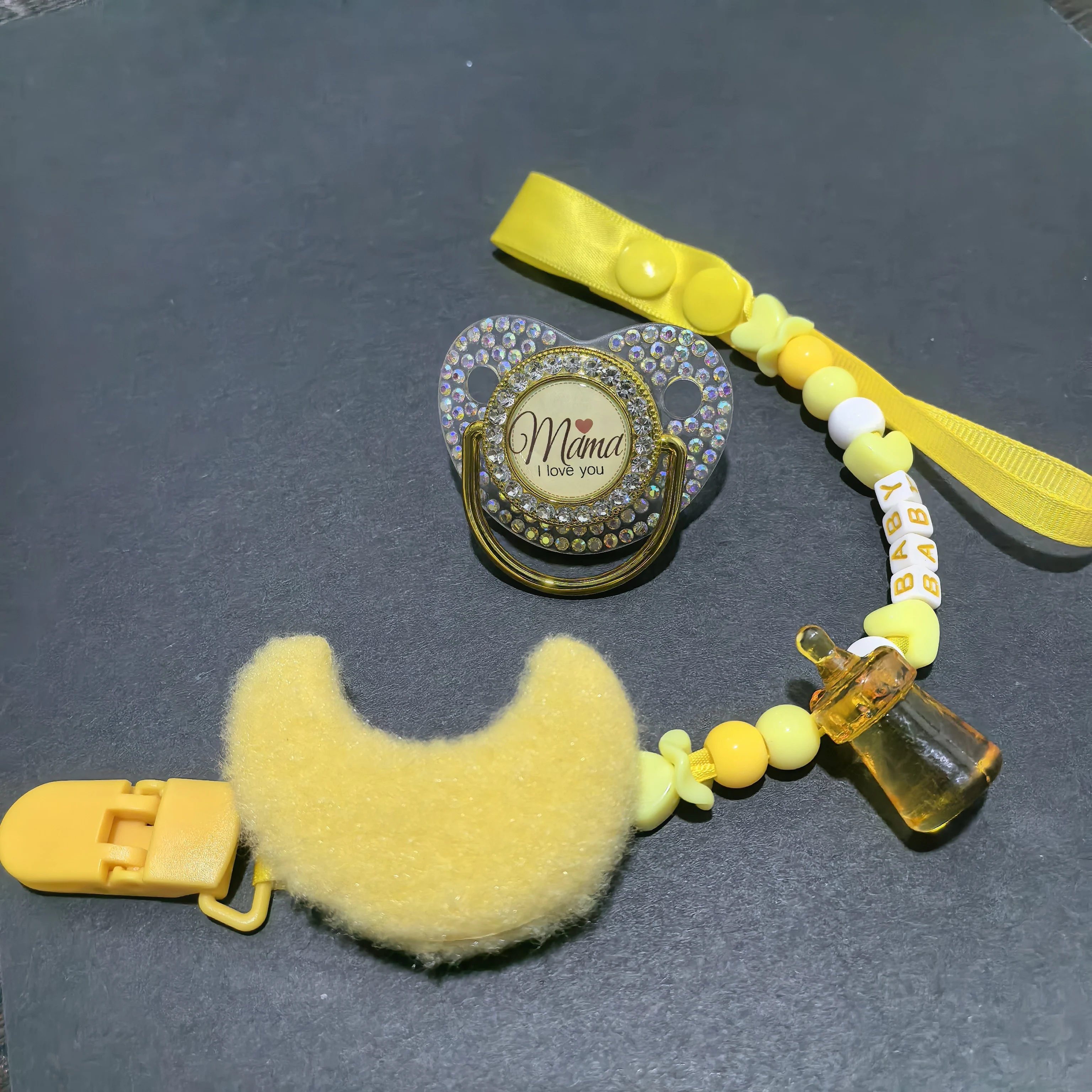 Personalized Butterfly Baby Dummy Chain - Custom Name Beads + Rhinestone Pacifier Clip, Soft Plush Daisy Flower Soother Leash