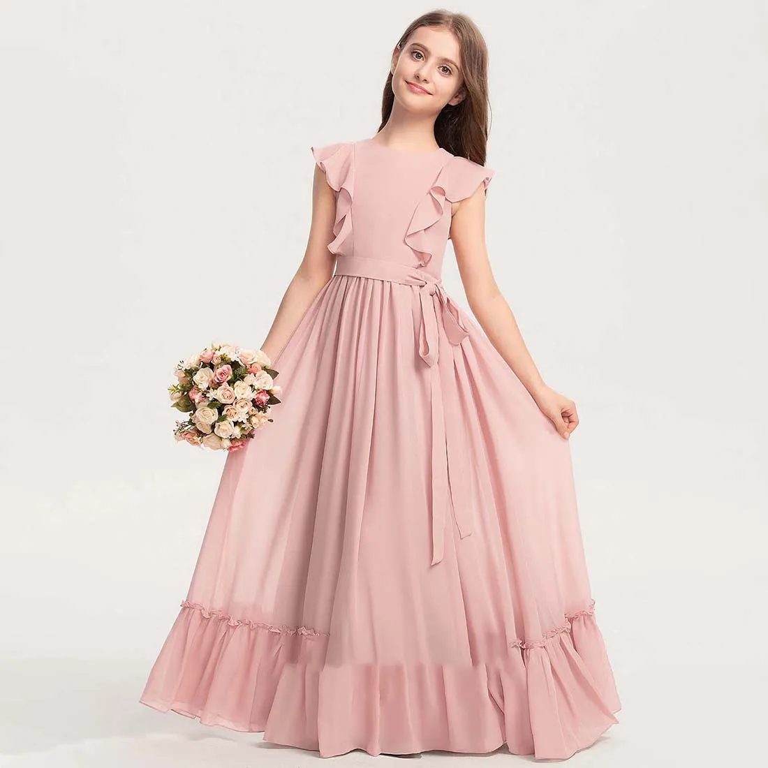 

YZYmanualroom Chiffon Junior Bridesmaid Dress With Bow Cascading Ruffles A-line Scoop Floor-Length 2-15T