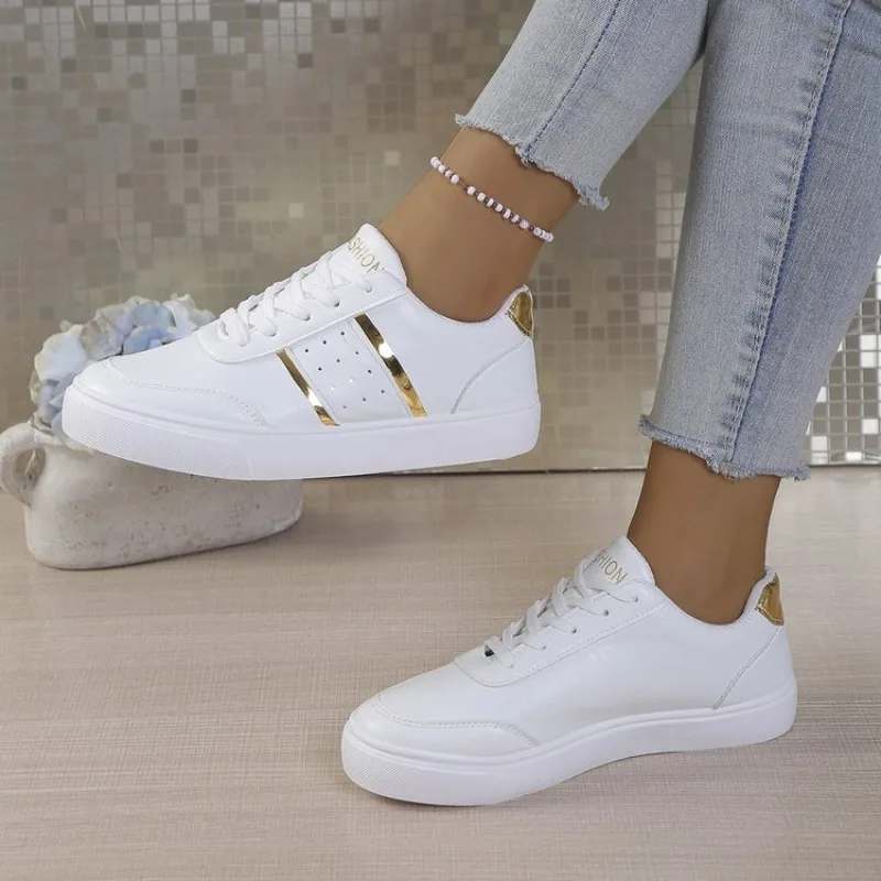 Women's Sneakers Round Toe Flat Heel Smooth Upper Lace Up Walking Shoes Metallic  Detail Casual Daily Footwear Everyday Choice