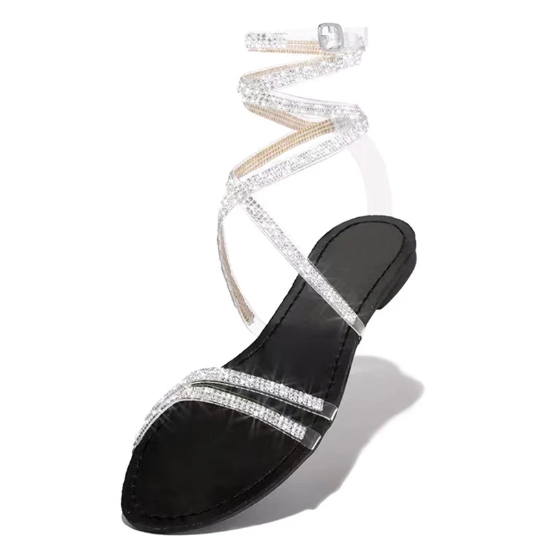 2022 Summer Rhinestone Shoes Fashion Lightweight Nonslip Ladies Transparent Designer Women Straps Sandals Flat Bottom Large Size