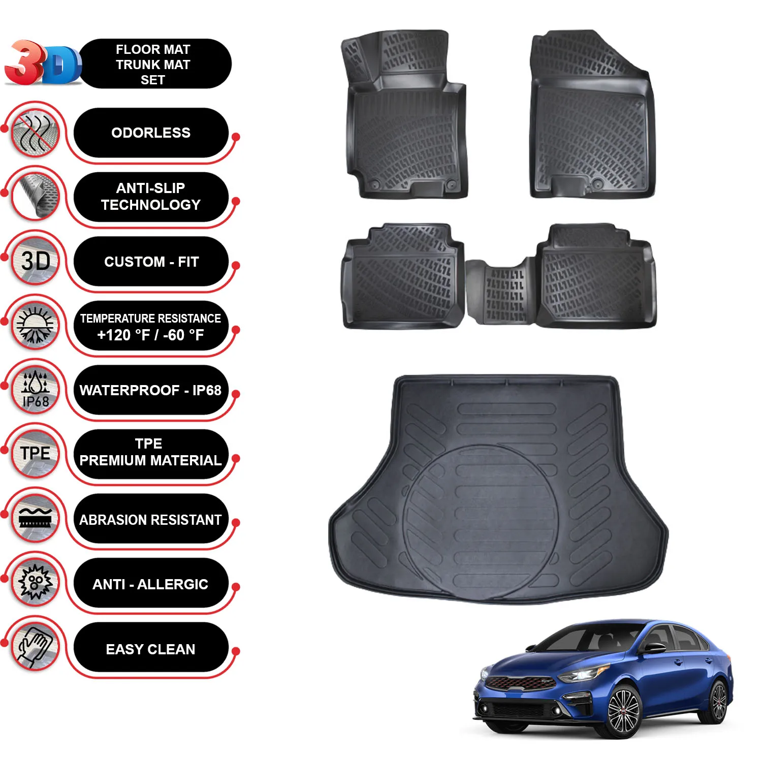 

Kia Forte - (2018-2022) - Floor Mats + Cargo Trunk Liner - SET - (Black)