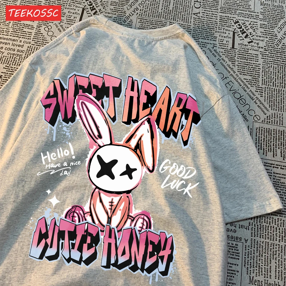 Trend Cotton Women'S T-Shirts Sweet Heart Rabbit Cartoon Letter Prints Short Sleeve O-Neck Soft Breathable Summer Female Clothes