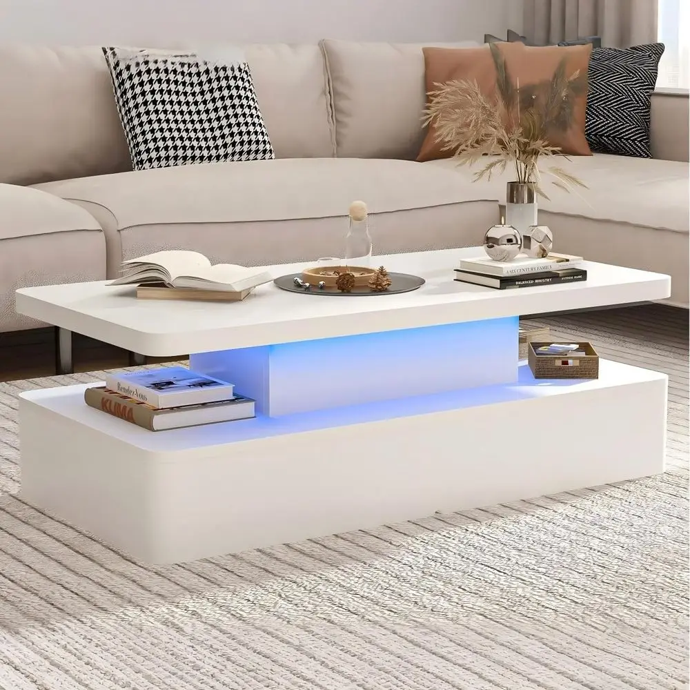 

Modern 47 LED Coffee Table with Storage, Glossy White Finish