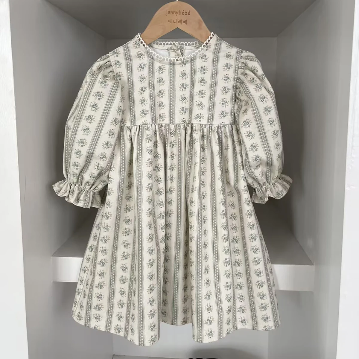 Vintage Mädchen Kleid Neue Frühling Floral Streifen Party Kleid Blumen Druck Kleid kinder Kleidung Mädchen Langarm Prinzessin Kleid