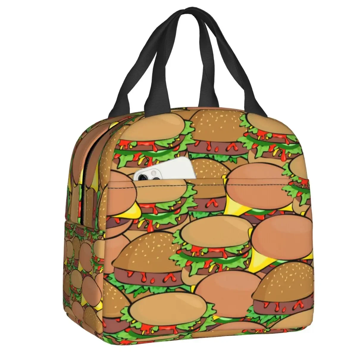 Burger Pattern Insulated Lunch Bag for Women Portable Cooler Thermal Bento Box Office Work School