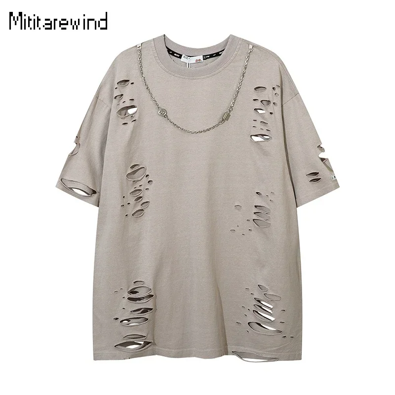 

Новые летние мужские футболки в стиле хип-хоп Y2k, уличная одежда, рваные футболки большого размера, футболка с короткими рукавами и ожерельем, повседневные топы из чистого хлопка