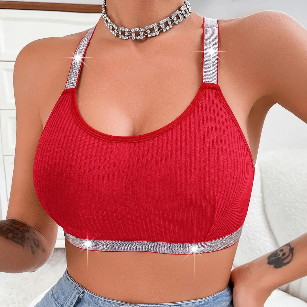 Sexy Tank Top Women Elegant U Neck Glitter Spaghetti Strap Bralette Padded Camisole Bra Crop Tops Fashion Summer2025 Casual Vest