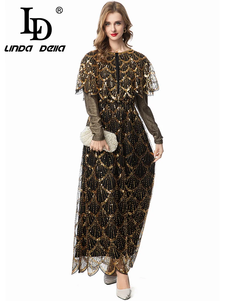 LD LINDA DELL مسمار حبة الترتر بأكمام طويلة الرجعية مأدبة عشاء فستان أسود المرأة الخريف والشتاء فستان عصري #3