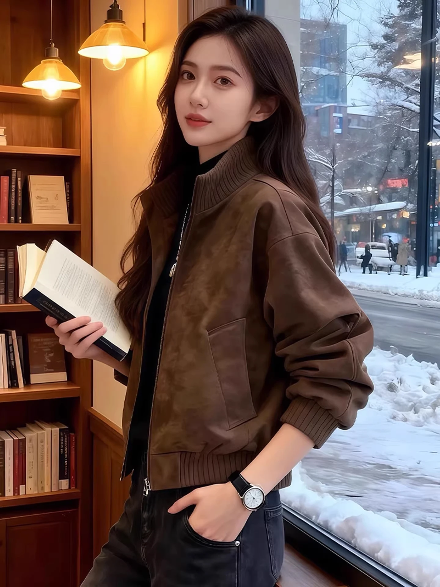 

Men's Brown Fce Lined Thiened Leather Jaet Winter American Retro Cold Resistant Cotton ort Sle Stand Collar Baseba...