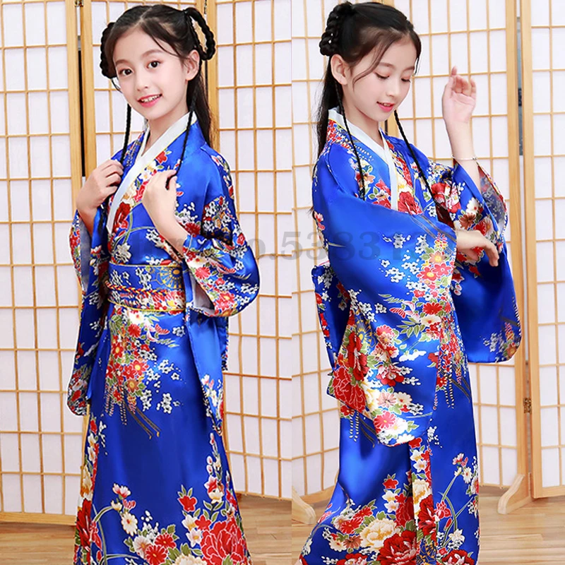 

Traditional Children's Japan Kimono Gown Dress Novelty National Haori Cosplay Costume Printed Flower Kids Girls Yukata with Obi