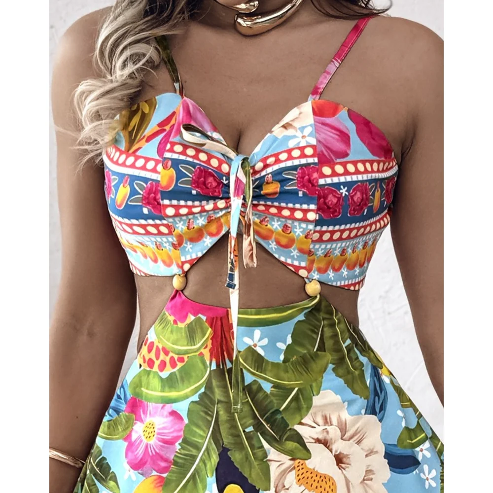 Mujeres ahuecan hacia fuera el halter estampado floral atado en la espalda casual una línea maxi vestido recortado playa vacaciones de verano trajes de moda