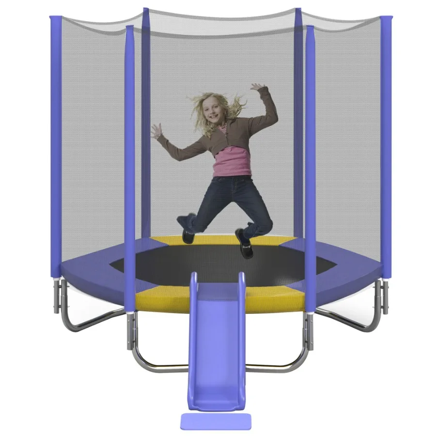 

7FT Trampoline for with Safety Enclosure Net Slide and Ladder Easy Assembly Round Outdoor Recreational Trampoline