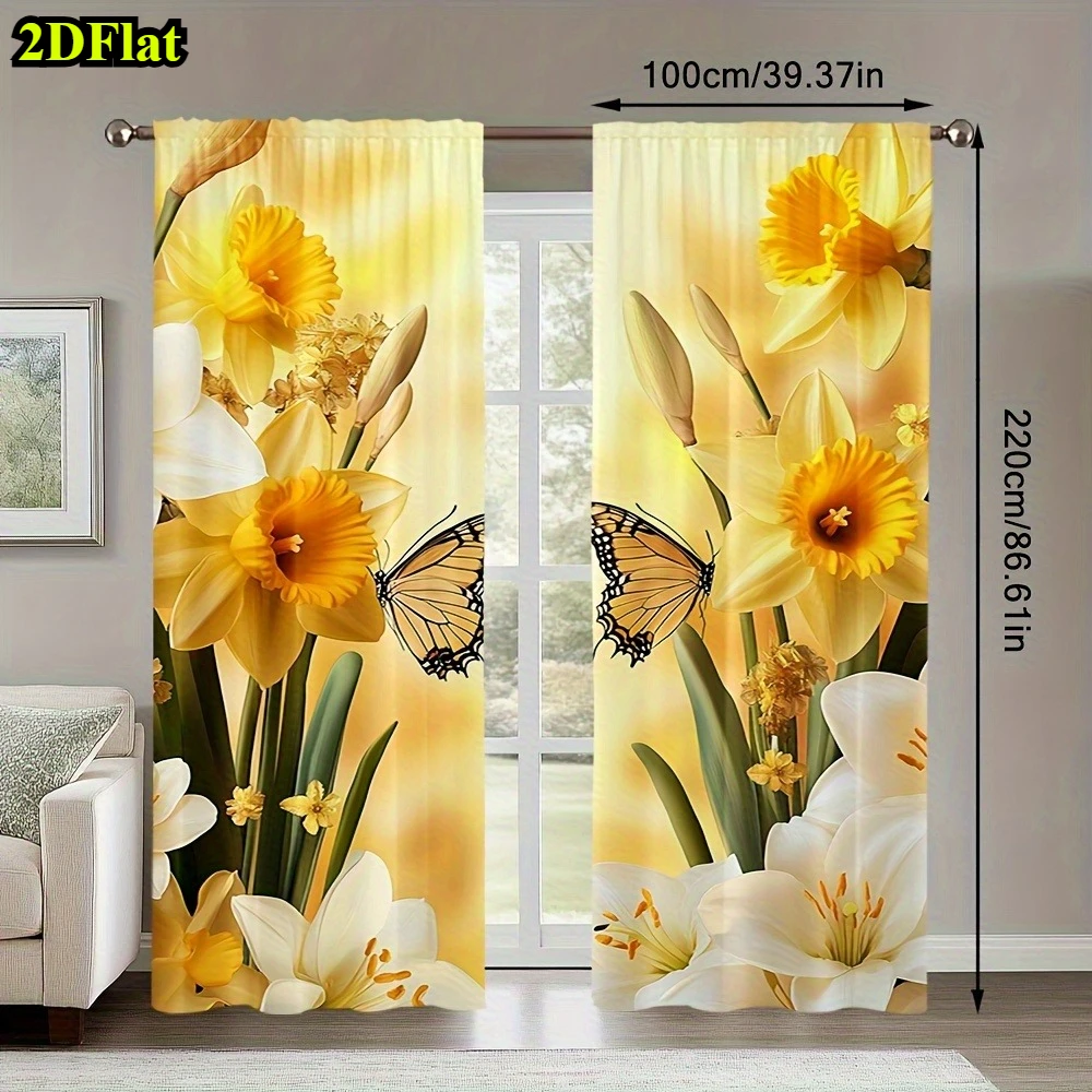 2 Panels Printed Polyester Curtains Yellow Daffodil Flower Butterfly Window Drapes for Living Room Bedroom Home Decor