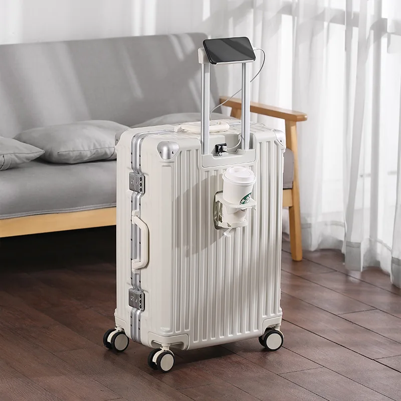 Suitcase Aluminum Frame Luggage with USB Cup Holder Suitcase Trip Cabin 20/24/26 inch Password Trolley Case Travel Suitcase