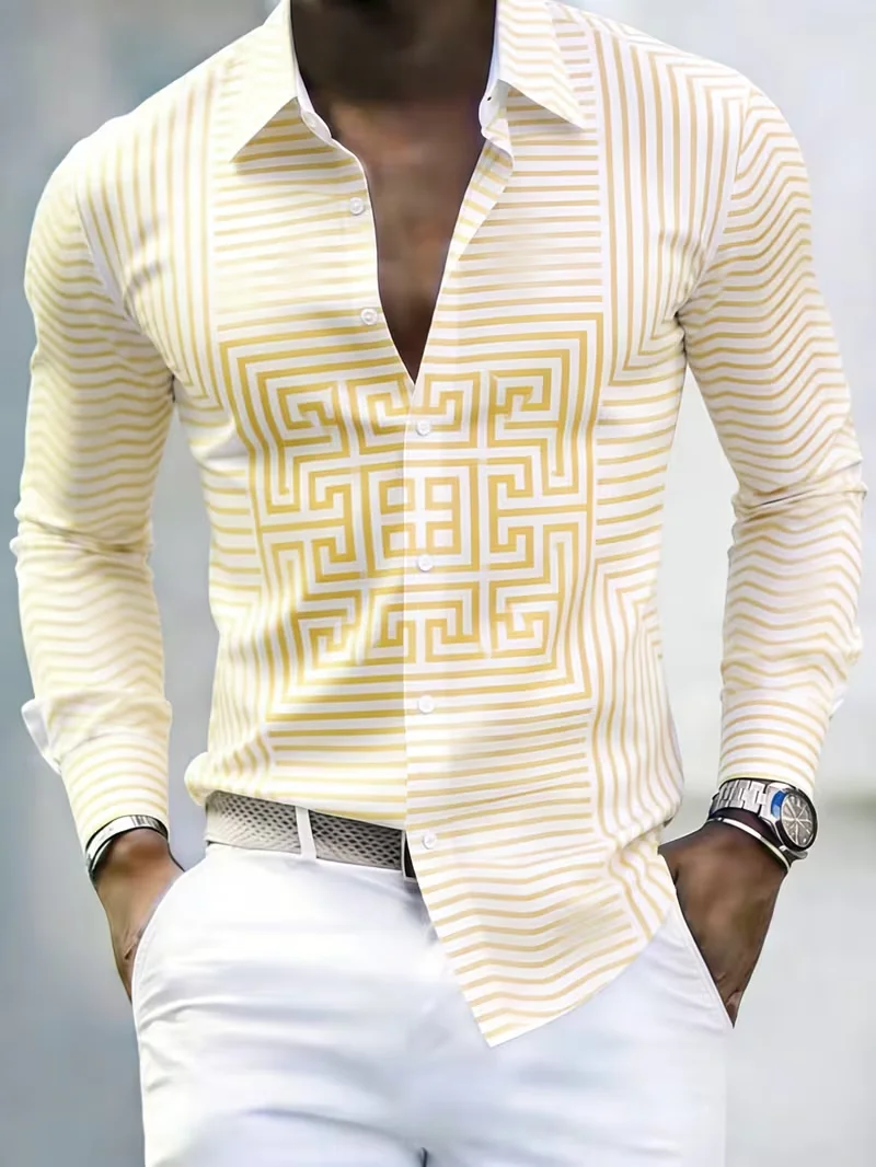 New matte navy blue satin men's rainbow sparkling diamond gradient Baroque printed men's long sleeved shirt